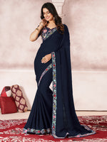 Saree Mall Women's Chiffon Navy Blue Embellished Designer Saree With Blouse Piece-DHNIYA301K5