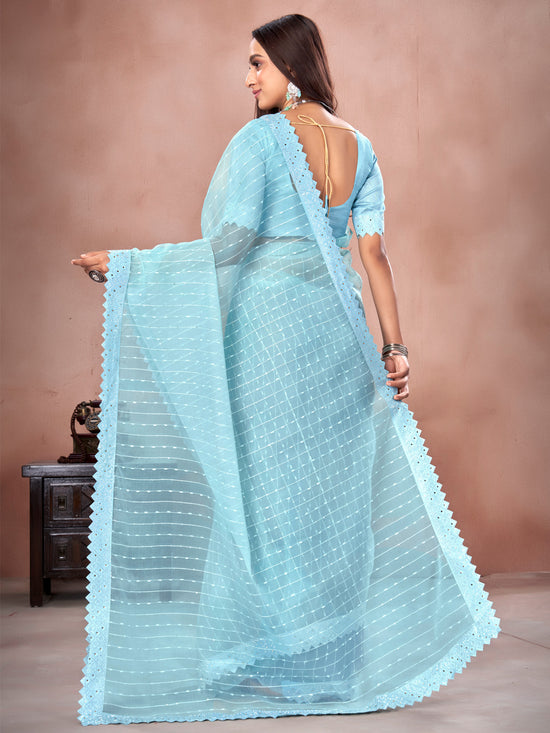 Saree Mall Women's Organza Light Blue Embellished Designer Saree With Blouse Piece-DHNIYA403S6