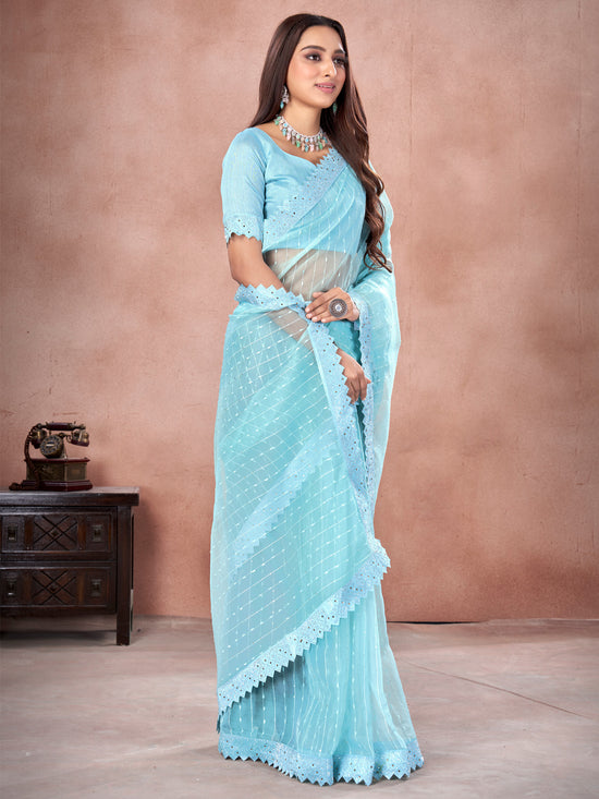 Saree Mall Women's Organza Light Blue Embellished Designer Saree With Blouse Piece-DHNIYA403S6