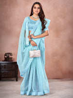 Saree Mall Women's Organza Light Blue Embellished Designer Saree With Blouse Piece-DHNIYA403S6