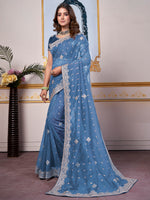 Saree Mall Women's Organza Blue Embellished Designer Saree With Blouse Piece-DHNIYA501B2