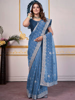 Saree Mall Women's Organza Blue Embellished Designer Saree With Blouse Piece-DHNIYA501B2