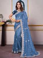 Saree Mall Women's Organza Blue Embellished Designer Saree With Blouse Piece-DHNIYA501B2