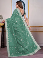 Saree Mall Women's Organza Sea Green Embellished Designer Saree With Blouse Piece-DHNIYA503B2