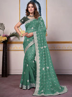 Saree Mall Women's Organza Sea Green Embellished Designer Saree With Blouse Piece-DHNIYA503B2