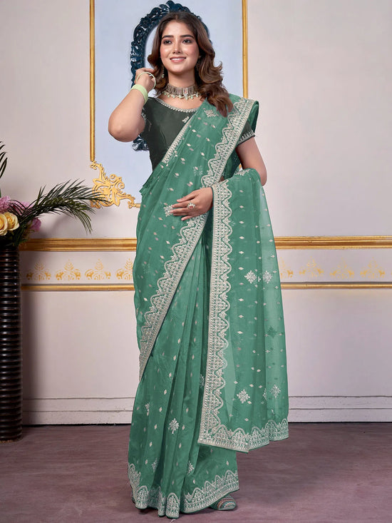 Saree Mall Women's Organza Sea Green Embellished Designer Saree With Blouse Piece-DHNIYA503B2