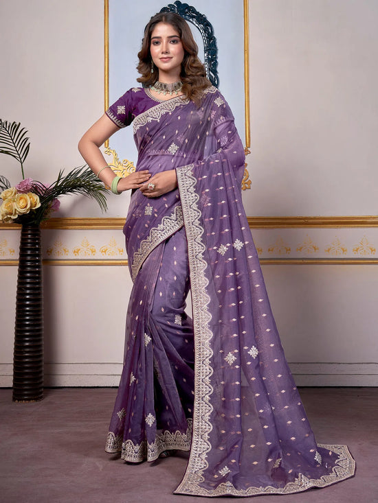 Saree Mall Women's Organza Violet Embellished Designer Saree With Blouse Piece-DHNIYA504B2