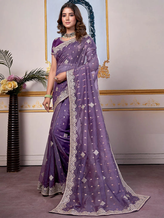 Saree Mall Women's Organza Violet Embellished Designer Saree With Blouse Piece-DHNIYA504B2