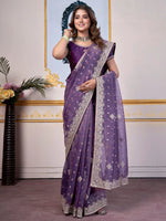 Saree Mall Women's Organza Violet Embellished Designer Saree With Blouse Piece-DHNIYA504B2