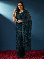 Saree Mall Women's Chiffon Teal Blue Embellished Designer Saree With Blouse Piece-DHNIYA634A