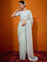 Saree Mall Women's Chiffon Light Green Embellished Designer Saree With Blouse Piece-DHNIYA655E