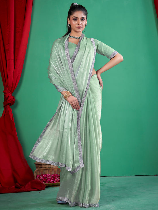 Saree Mall Women's Chiffon Light Green Embellished Designer Saree With Blouse Piece-DHNIYA661B