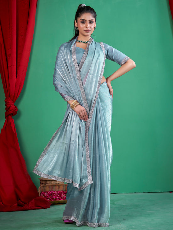 Saree Mall Women's Chiffon Light Blue Embellished Designer Saree With Blouse Piece-DHNIYA661C