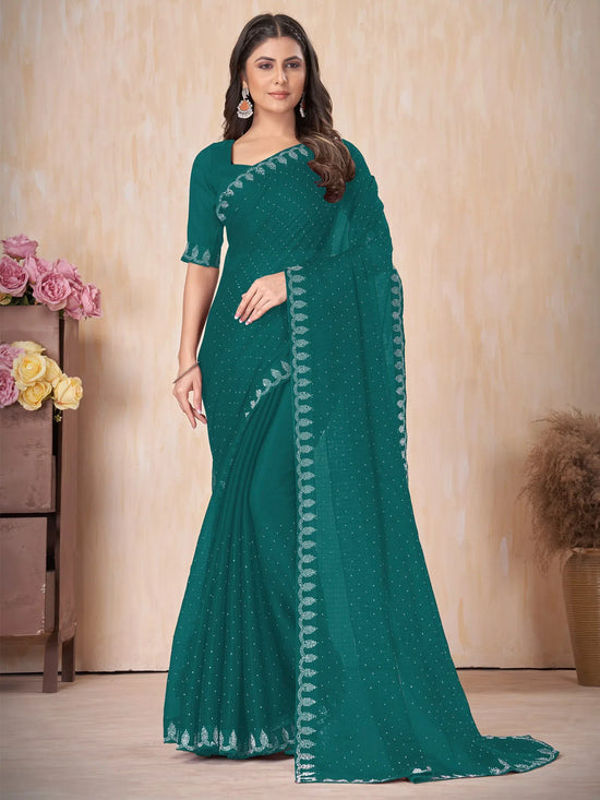 Saree Mall Women's Chiffon Teal Blue Embellished Designer Saree With Blouse Piece-DHNIYA668B