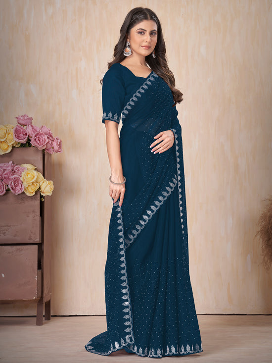 Saree Mall Women's Chiffon Navy Blue Embellished Designer Saree With Blouse Piece-DHNIYA668E