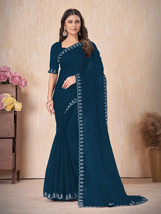 Saree Mall Women's Chiffon Navy Blue Embellished Designer Saree With Blouse Piece-DHNIYA668E