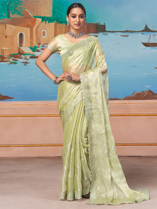 Saree Mall Women's Chiffon Light Green Embellished Designer Saree With Blouse Piece-DHNIYA681C