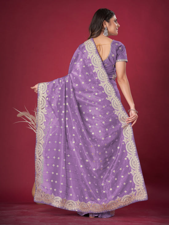 Saree Mall Women's Banarasi  Lavendar Embroidered Designer Saree With Blouse Piece-DHNIYA705B