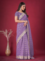 Saree Mall Women's Banarasi  Lavendar Embroidered Designer Saree With Blouse Piece-DHNIYA705B