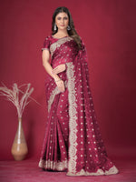 Saree Mall Women's Banarasi  Maroon Embroidered Designer Saree With Blouse Piece-DHNIYA705C