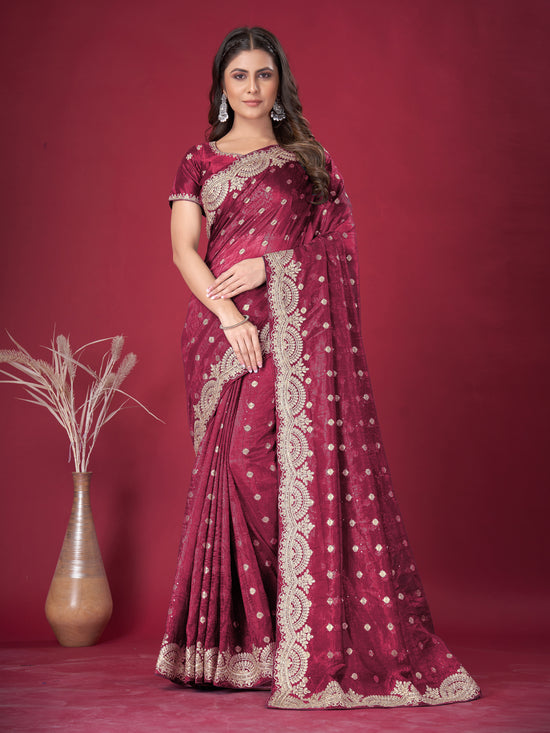 Saree Mall Women's Banarasi  Maroon Embroidered Designer Saree With Blouse Piece-DHNIYA705C