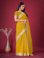 Saree Mall Women's Banarasi  Yellow Embroidered Designer Saree With Blouse Piece-DHNIYA705D