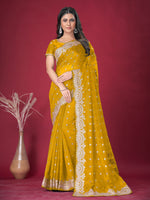 Saree Mall Women's Banarasi  Yellow Embroidered Designer Saree With Blouse Piece-DHNIYA705D