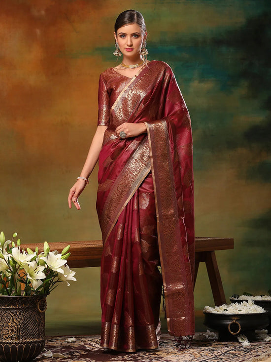 Saree Mall Women's Organza Burgundy Woven Design Designer Saree With Blouse Piece-DIANA2301