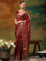 Saree Mall Women's Organza Burgundy Woven Design Designer Saree With Blouse Piece-DIANA2301