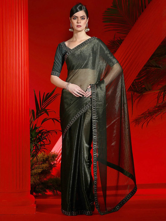 Saree Mall Women's Organza Olive Embellished Designer Saree With Blouse Piece-DIANA4402