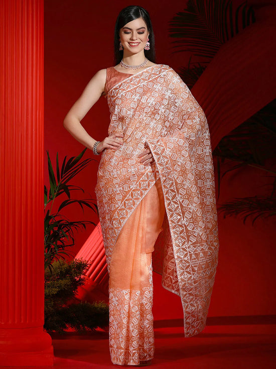 Saree Mall Women's Organza Peach Embellished Designer Saree With Blouse Piece-DIANA5101