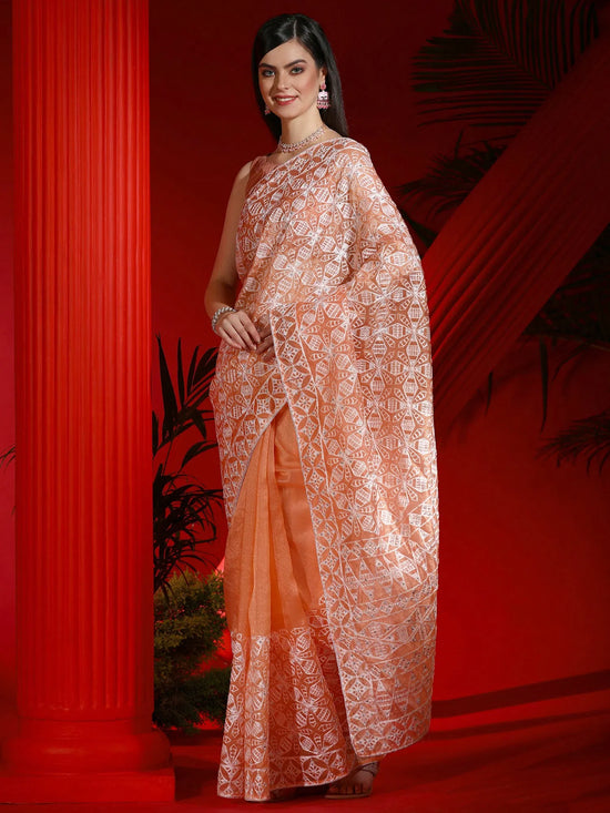 Saree Mall Women's Organza Peach Embellished Designer Saree With Blouse Piece-DIANA5101