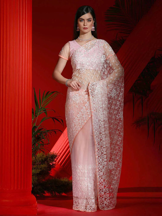 Saree Mall Women's Net Pink Embellished Designer Saree With Blouse Piece-DIANA5901