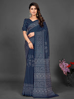 Saree Mall Women's Dola  Navy Blue Printed Designer Saree With Blouse Piece-DOLA142B