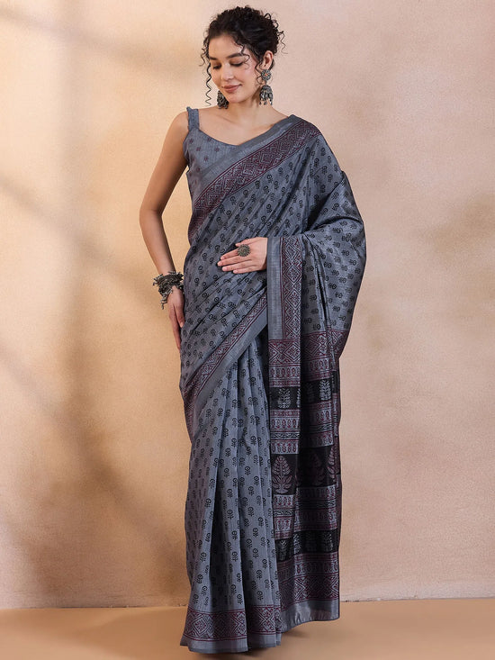 Saree Mall Women's Dola  Grey Printed Designer Saree With Blouse Piece-DOLA200C