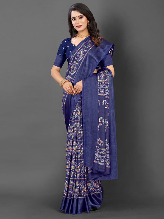 Saree Mall Women's Dola  Navy Blue Printed Designer Saree With Blouse Piece-DOLALX04D