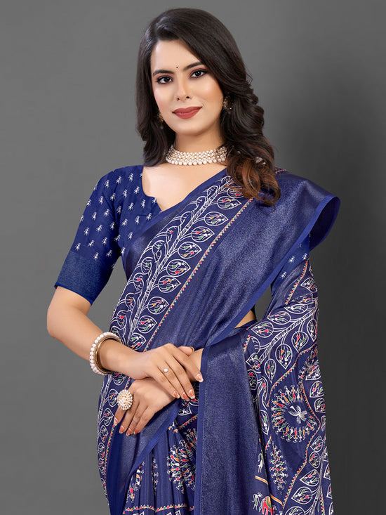 Saree Mall Women's Dola  Navy Blue Printed Designer Saree With Blouse Piece-DOLALX06G