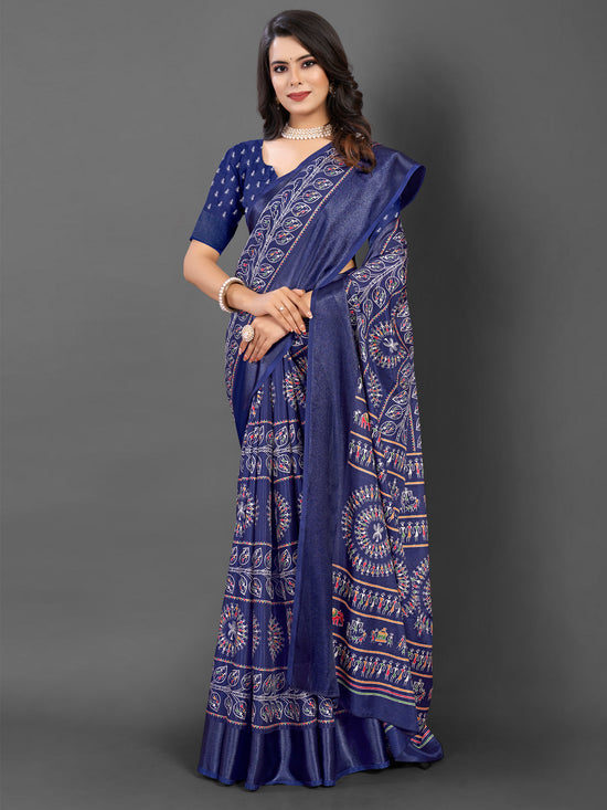 Saree Mall Women's Dola  Navy Blue Printed Designer Saree With Blouse Piece-DOLALX06G