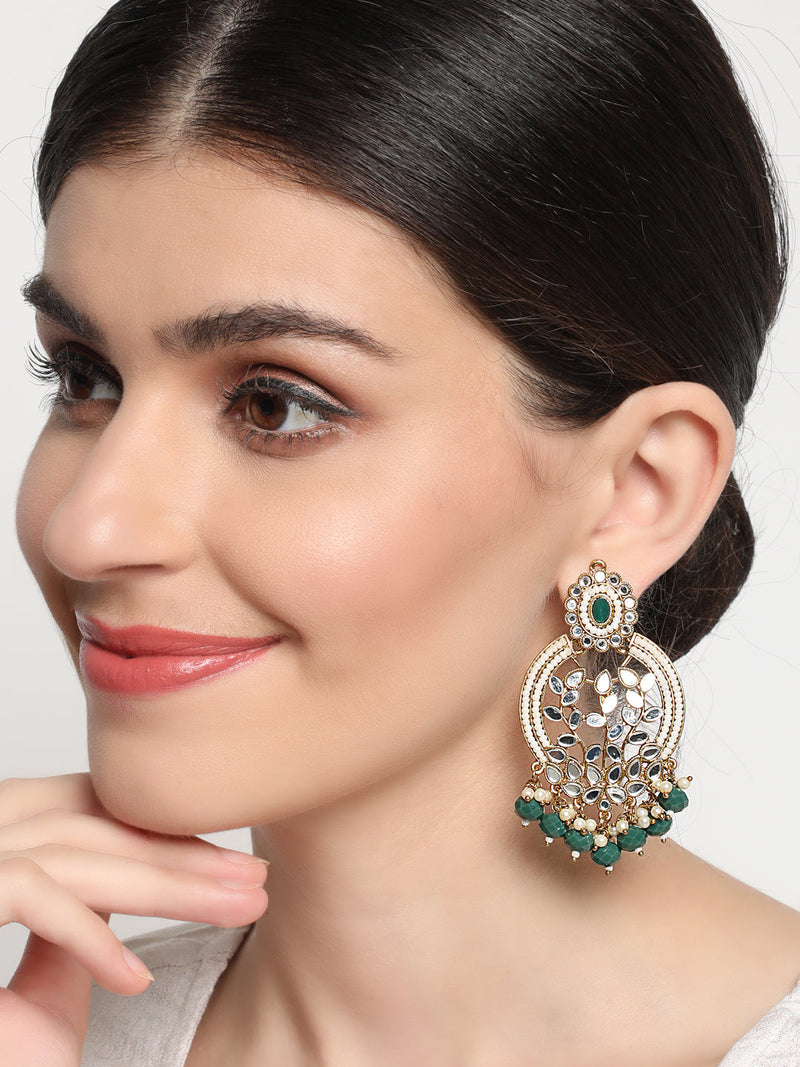 Green Gold-Plated stone Studded & Beadded Classic Drop Earrings