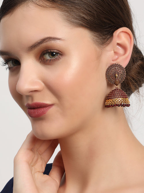 Designer Gold Plated Peacock Shape Enamelled Traditional PartywearPearl Drop Jhumka Earring