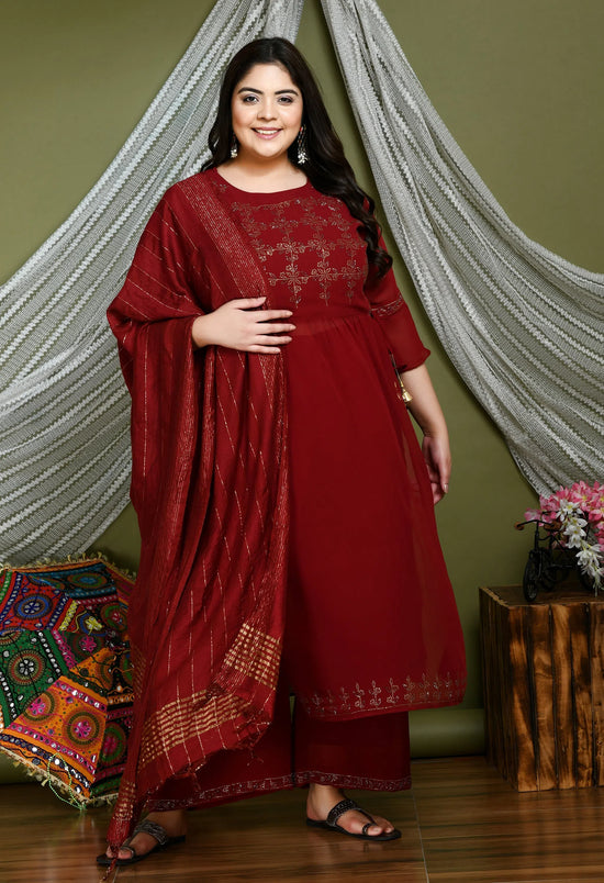 Plus Size Maroon Georgette Nyraa Cut Kurta Set