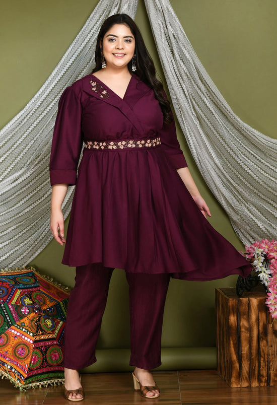 Plus Size Wine Embellished Co-Ord Set