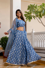 Women Chanderi Printed Lehenga Choli-LC Blue Boota