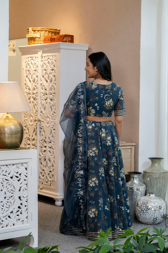 Women Chanderi Printed Lehenga Choli-LC Blue Flower