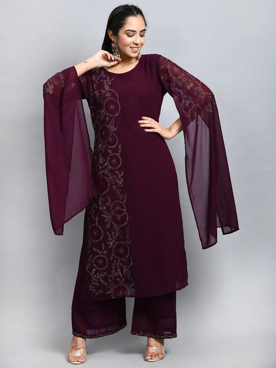 Women Wine Georgette Stylish Sleeves Kurta Set