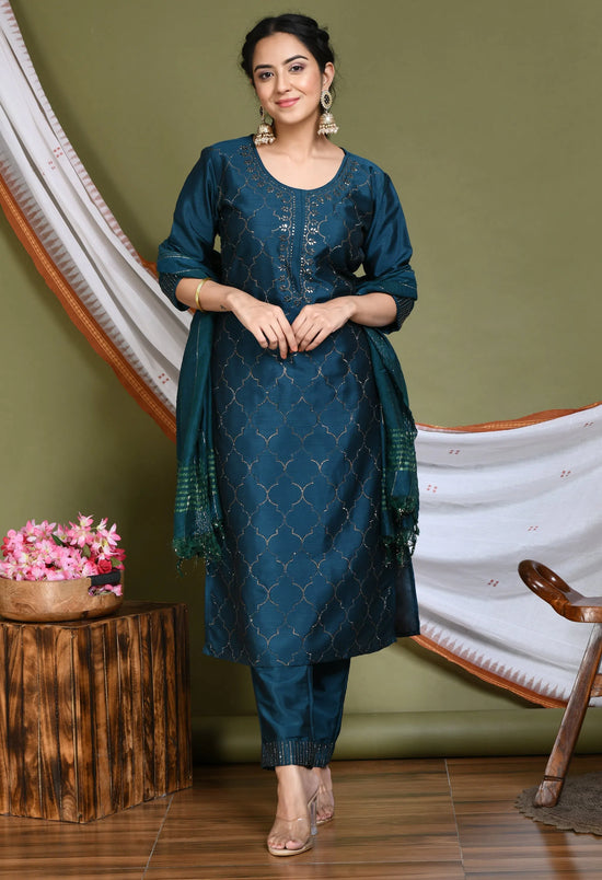 Women Teal Blue Embellished Kurta Set With Dupatta-DN567TEALM