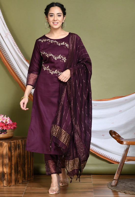 Women Wine Slant Embellished Kurta Set