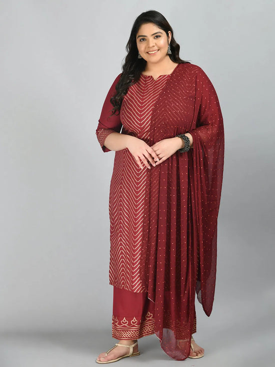 Women Plus Size Gold Printed Kurta Palazzo Set With Dupatta