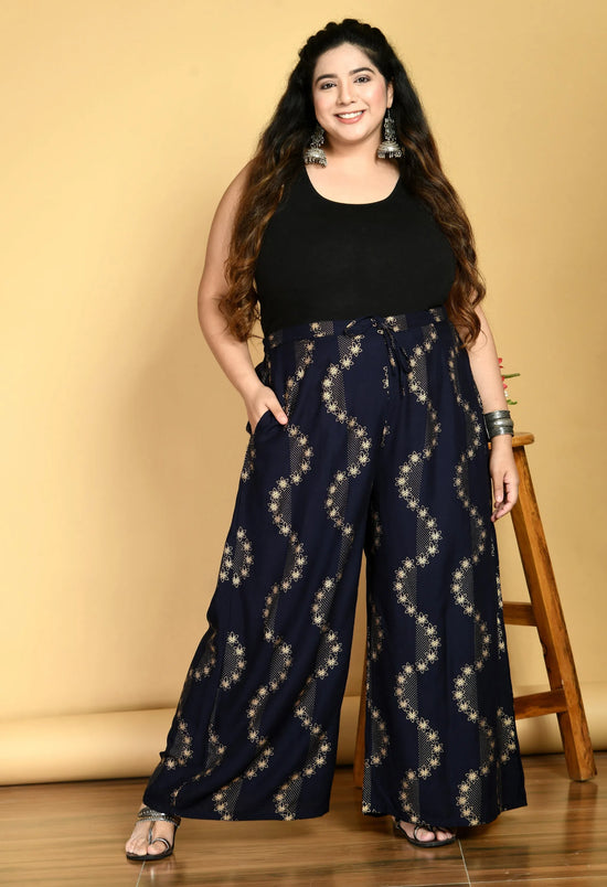 Plus Size Navy Blue Floral Gold Printed Palazzos