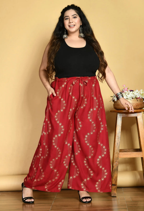 Plus Size Red Floral Gold Printed Palazzos